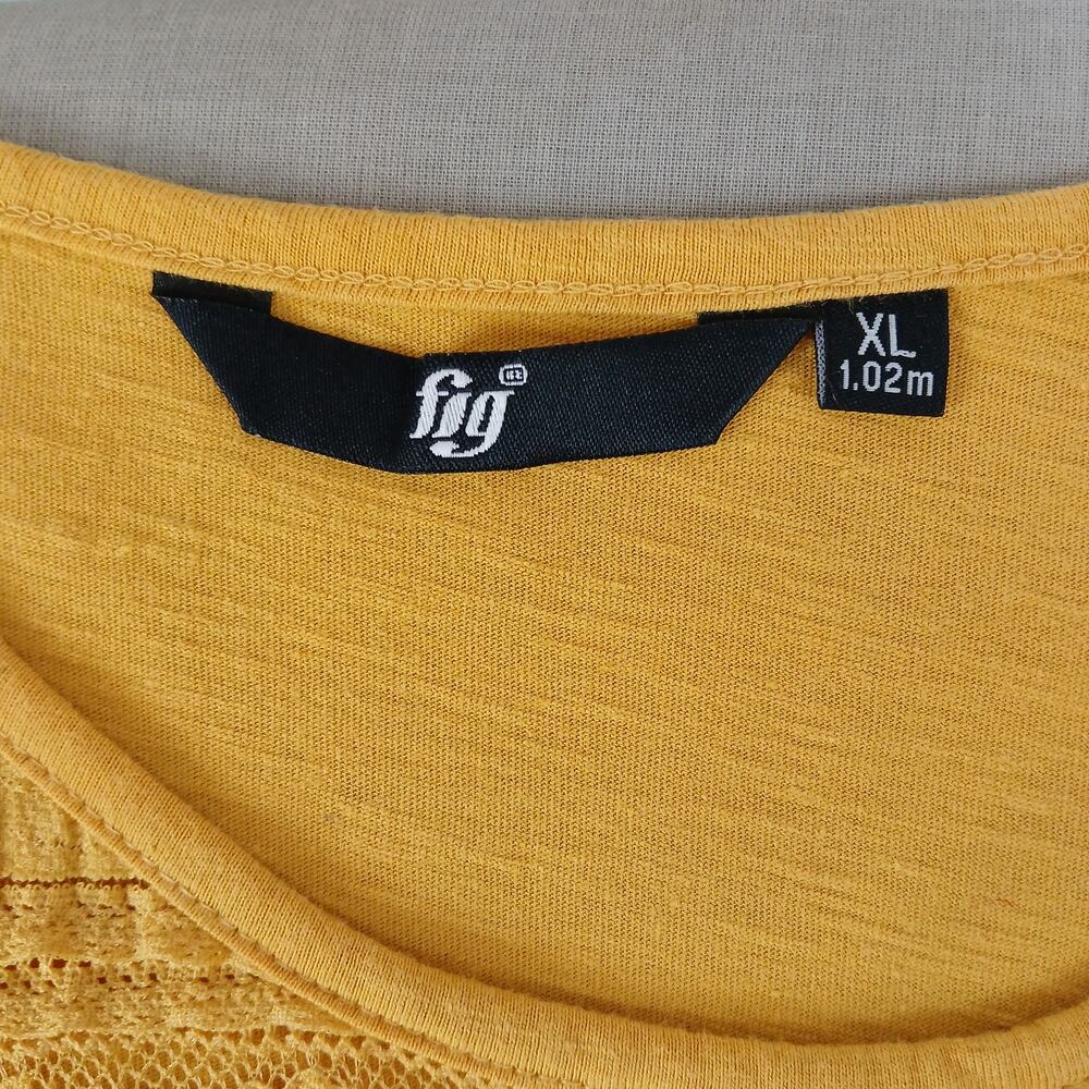 Fig Mustard Yellow Lace Yoke T-shirt XL short sleeve tee cotton blouse top - Picture 6 of 11